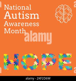 Composizione del testo nazionale del mese di consapevolezza autismo e testo della speranza con pezzi di puzzle multicolore Foto Stock