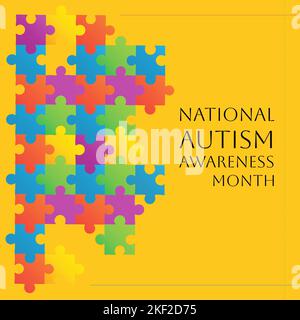 Composizione del testo del mese nazionale di consapevolezza autismo e pezzi di puzzle multicolore Foto Stock