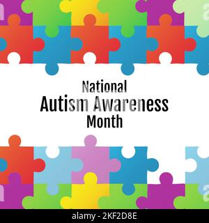 Composizione del testo del mese nazionale di consapevolezza autismo e pezzi di puzzle multicolore Foto Stock