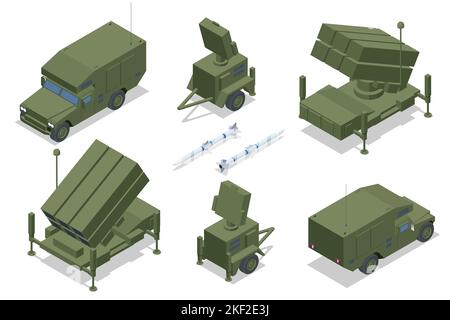 Sistema missilistico superficie-aria NASAMS isometrico. Il sistema difende contro veicoli aerei senza equipaggio, elicotteri, missili da crociera, combattimenti senza equipaggio Illustrazione Vettoriale