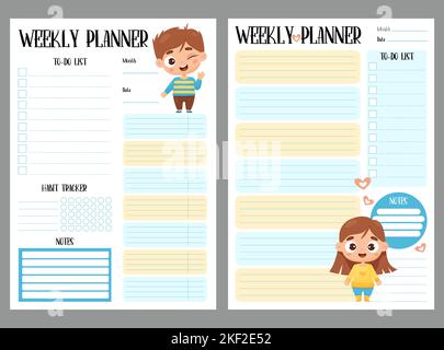 Pianificatore per bambini. Organizzatore settimanale, elenco di cose da fare, note e l'abitudine tracker con carino cartone animato fair-skinned ragazzo e ragazza. Vettore di raccolta verticale Illustrazione Vettoriale