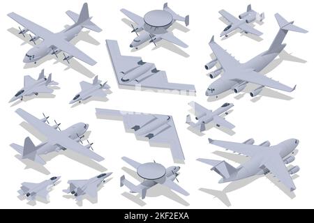 Set isometrico di Aviazione militare Aeronautica militare. Aereo di attacco, Stealth Strategic Heavy Bomber, aereo strategico e tattico, Aviazione militare Illustrazione Vettoriale