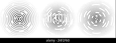 Impostazione cerchi di ondulazione concentrici. Sonar o suono Wave rings collezione. Informazioni sull'icona dell'epicentro, del target e del radar. Segnale radiale o elementi di vibrazione. Illustrazione Vettoriale