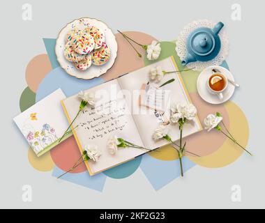 Libri, insegnare, biscotti, fiori di garofano su sfondo colorato pastello. Concetto di lettura, relax, contemplazione. (Testo impresso sui libri per evitare la copia Foto Stock