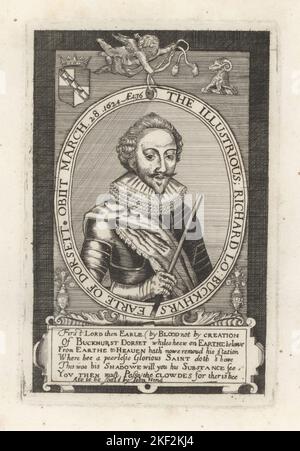 Richard Sackville, Lord Buckhurst, 3rd conte di Dorset, 1589-1624. Giocatore, spreco, womanizer, debitore. Ritratto in colletto di ruff, sash, pettorale e armatura, guanto con un bastone. Richard Buckhurst, conte di Dorset, morì nel 1624, all'età di 36 anni. Da una rara stampa venduta da John Hinde. Incisione di copperplate dalla Galleria di Rare ritratti di Samuel Woodburn composta da lastre originali, George Jones, 102 St Martin’s Lane, Londra, 1816. Foto Stock