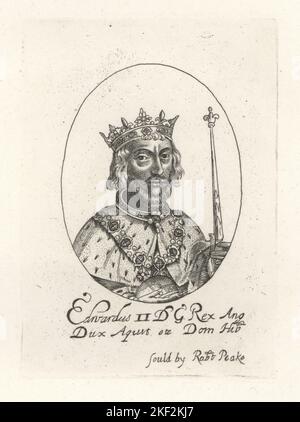 Re Edoardo II d'Inghilterra, Edoardo di Caernarfon, 1284-1327. In corona e collare con orbo e scettro, mantello di ermine. Edwardus II DG Rex Ang Dux Aqui etc Dom Hib. Dal set di Re di William Faithorne, venduto da Robert Peake. Incisione di copperplate dalla Galleria di Rare ritratti di Samuel Woodburn composta da lastre originali, George Jones, 102 St Martin’s Lane, Londra, 1816. Foto Stock