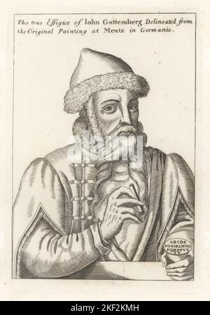 Johannes Gutenberg, c. 1400-1468, inventore, stampante, editore e oreficeria tedeschi. In cappotto con fodera in pelliccia, doppietto, con una lettera di tipo e un francobollo dell'alfabeto. Iohn Guttemberg. Dal dipinto originale di Magonza. Incisione di copperplate dalla Galleria di Rare ritratti di Samuel Woodburn composta da lastre originali, George Jones, 102 St Martin’s Lane, Londra, 1816. Foto Stock