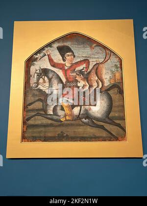 "Hunter on Horseback attacato da una bestia mitica." Olio su tela, metà 18th ° secolo, Shiraz, Iran. Brooklyn Museum, Arts of the Islamic World. Foto Stock