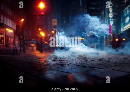 Sfondo sfocato con un tombino fumatori di Times Square di notte sulla strada cittadina. Negozi luci in nebbia e fumo di New York città d'America. Bokeh Foto Stock