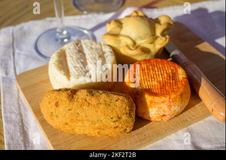 Cibo portoghese, crocchette di pesce fresco pastais de bacalhau, torta di pollo, varietà di capra, pecora, formaggi di mucca a base di paprika, erbe aromatiche, prodotti in Portogallo Foto Stock