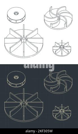 Illustrazione vettoriale stilizzata dei progetti isometrici delle giranti della pompa dell'acqua insieme dei progetti isometrici Illustrazione Vettoriale