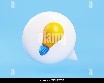 3d rendere la lampadina in bolla vocale su sfondo blu. Idea creativa, suggerimenti rapidi, ispirazione, brainstorming, sviluppo, concetto di soluzione aziendale, icona, illustrazione in stile cartoon plastico Foto Stock