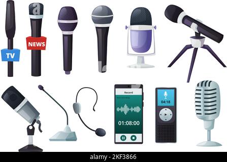 Microfoni cartone animato. Vintage microfono vocale, intervista audio registrazione dictaphone e musica studio set vettoriale attrezzature Illustrazione Vettoriale