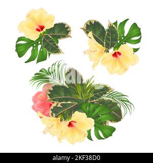 Bouquet con fiori tropicali allestito floreale con bella palma di ibisco rosa e giallo, philodendron e ficus vintage vettoriale illustrazione Illustrazione Vettoriale