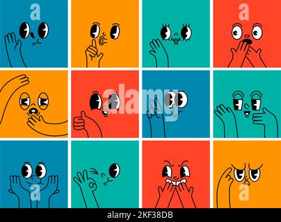 Cartoni animati volti di persone. Divertenti espressioni facciali avatar con gesti retrò del viso e della mano. Set sfondo vettore umore Illustrazione Vettoriale