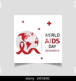 World Aids Day social media post design con nastro rosso, mano e simbolo vettore mondo Illustrazione Vettoriale