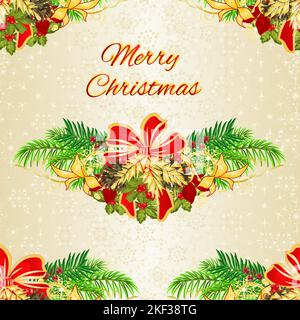 Texture senza cuciture Natale e Capodanno decorativo albero di natale arco festivo poinsettia yew e coni di pino. Immagine vacanza per design vintage vec Illustrazione Vettoriale