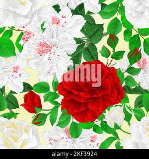 Texture senza cuciture rose bianche e rosse con germogli e foglie e rododendri bianchi Illustrazione Vettoriale