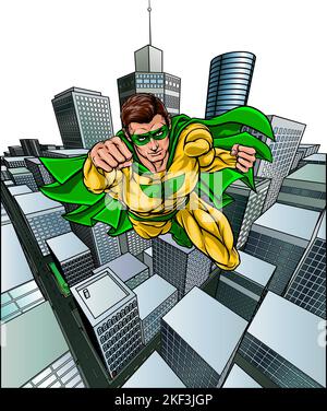 Super Hero Flying City Comic Book posa supereroe Illustrazione Vettoriale