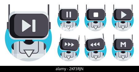 Design del set vettoriale dei caratteri del robot. Robot personaggio con simbolo del pulsante di riproduzione, pausa e stop video per la raccolta di robot con intelligenza artificiale. Illustrazione Vettoriale