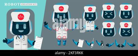 Set vettoriale kit robot dottore. Kit di caratteri modificabili per robot medici in uniforme medica per la creazione del corpo in posa e gestuale. Illustrazione Vettoriale