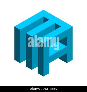 3D lettera M e Un cubo. LOGO della lettera AM. Forma esagonale geometrica blu. Concetto di industria elettronica. Oggetto a tre livelli. Costruzione e costruzione Illustrazione Vettoriale