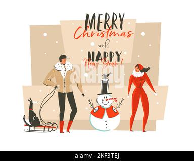 Disegnata a mano vettore astratto buon Natale e felice anno nuovo cartoon illustrazione biglietto d'auguri con pupazzo di neve, la gente di famiglia, il cane sulla slitta e. Illustrazione Vettoriale