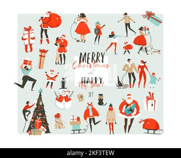 Disegnata a mano vettore astratto buon Natale e felice nuovo anno tempo grande cartoon illustrazioni collezione set elementi di design con Babbo Natale, persone Illustrazione Vettoriale