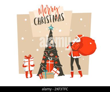 Mano disegnata vettore astratto divertimento Merry Natale tempo cartoon illustrazione biglietto di auguri con la famiglia Babbo Natale, scatole regalo sorpresa, albero di Natale e. Illustrazione Vettoriale