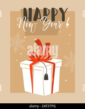 Mano disegnato vettore astratto divertimento Merry Natale tempo cartone di auguri di illustrazione cartoon con grande bianco sorpresa scatola regalo e felice anno nuovo tipografia Illustrazione Vettoriale