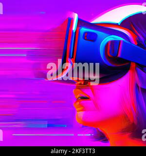 Donna che indossa una cuffia per la realtà virtuale. Stile futuristico al neon. 3D Illustrazione Foto Stock