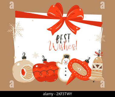 Disegnata a mano vettore astratto buon Natale e felice anno nuovo illustrazioni cartoon saluto modello di intestazione con l'albero di Natale giocattoli e Best Illustrazione Vettoriale