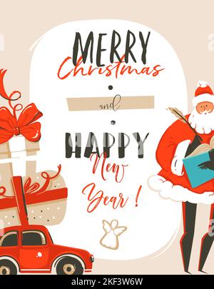 Mano disegnato vettore astratto divertimento Merry Natale tempo cartoon illustrazione biglietto di auguri tag con Babbo Natale, auto, sorpresa scatole regalo e migliori auguri Illustrazione Vettoriale