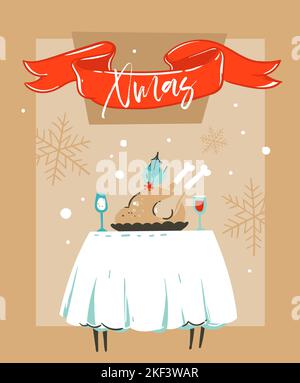 Mano disegnata vettore astratto divertimento Merry Natale tempo cartoon illustrazione modello di scheda con cibo di Natale sulla tavola e la luna in finestra isolato su Illustrazione Vettoriale