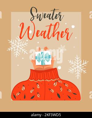 Mano disegnata vettore astratto Merry Natale tempo cartoon illustrazione carta con persone in maglione accogliente che dà surpsise scatola regalo e moderno Illustrazione Vettoriale