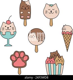 Gelato gatti vettore doodle. Set di personaggi kawai kitten Illustrazione Vettoriale