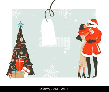 Mano disegnata vettore astratto divertimento Merry Natale tempo cartone animato illustrazione con coppia romantica che bacia e abbraccia, albero di Natale e posto per il vostro Illustrazione Vettoriale