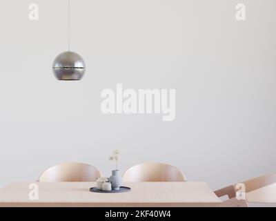 Un 3D rendering di una sala da pranzo e cucina copia spazio su sfondo bianco con tavolo in legno e un pavimento in legno. Foto Stock