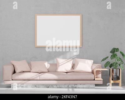 Un 3D rendering di un soggiorno in stile loft con pareti in cemento e un divano con una fioritura sul lato Foto Stock