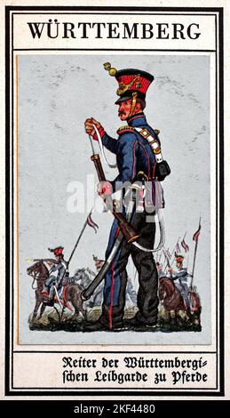 Uniformi tedesche del 19th ° secolo, Guardia - Cavalleria: Württemberg, cavalieri della Württemberg Guardia di vita a cavallo, riproduzione storica, restaurata digitalmente di un pubblico di dominio collezionista del primo 20th ° secolo / Deutsche Uniformen des 19. Jahrhunderts, Garde - Kavallerie: Württemberg, Reiter der württembergischen Leibgarde zu Pferd, Historisch, restaurierte digitale Reproduktion eines gemeinfreien Sammelbildes aus dem frühen 20. Jahrhundert Foto Stock