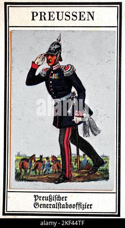 Uniformi tedesche del 19th ° secolo, altre truppe: Prussia, Prussiano Generale ufficiale di Stato maggiore, storico, restaurata digitalmente riproduzione di un pubblico dominio immagine da collezione dal 20th ° secolo / Deutsche Uniformen des 19. Jahrhunderts, Sonstige Truppen: Preussen, Preußischer Generalstabsfozier, Historisch, restaurierte digitale Reproduktion eines gemeinfreien Sammelbildes aus dem frühen 20. Jahrhundert Foto Stock