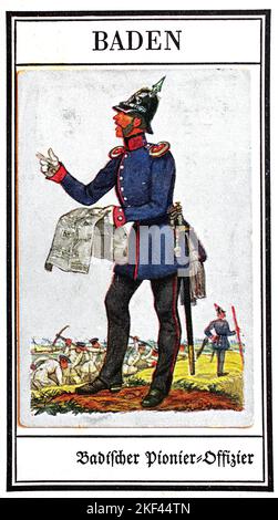 Uniformi tedesche del 19th ° secolo, altre truppe: Baden, Baden Pioneer Officer, storica, riproduzione restaurata digitalmente di un'immagine di pubblico dominio da collezione dal 20th ° secolo / Deutsche Uniformen des 19. Jahrhunderts, Sonstige Tripen: Baden, badischer Pionier-Offizier, Historisch, ristorante digitale Reproduktion eines gemeinfreien Sammelbildes aus dem frühen 20. Jahrhundert Foto Stock