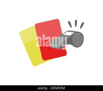 Calcio sport arbitro giallo e rosso carte logo design. Calcio sport arbitro carte gialle e rosse con fischio. Concetto di calcio, Calcio, gioco di sport. Illustrazione Vettoriale