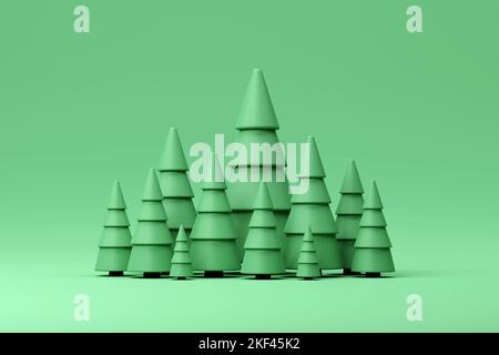 Verdi abeti di polyply su uno sfondo verde. rendering 3d Foto Stock