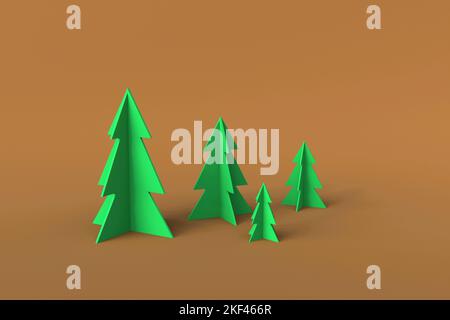 Verde minimo basso-poli alberi di natale su uno sfondo marrone. illustrazione 3d Foto Stock