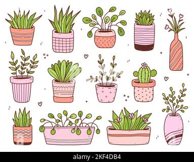Set di piante domestiche carine in vasi di fiori isolati su sfondo bianco. Illustrazione vettoriale disegnata a mano in stile doodle. Perfetto per carte, decorazioni, adesivi, disegni vari. Illustrazione Vettoriale