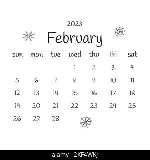2023 febbraio calendario con fiocchi di neve. Calendario moderno in bianco e nero, pianificatore mensile. Disegno vettoriale a mano doodle illustrazione. Design semplice e moderno. Illustrazione Vettoriale