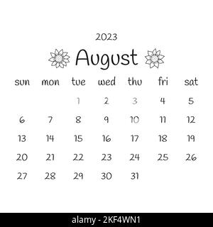 2023 agosto calendario con fiori di girasole. Calendario moderno in bianco e nero, pianificatore mensile. Disegno vettoriale a mano doodle illustrazione. Moderno e semplice de Illustrazione Vettoriale
