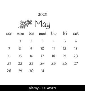 2023 maggio calendario con ramoscello fiorito. Calendario moderno in bianco e nero, pianificatore mensile. Disegno vettoriale a mano doodle illustrazione. Design semplice e moderno. Illustrazione Vettoriale