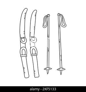 Coppia di sci con bastoni. Sport invernali, tempo libero e attività all'aperto. Illustrazione isolata in bianco e nero vettoriale elemento di disegno del doodle disegnato a mano, o Illustrazione Vettoriale